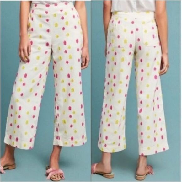 🔹️Anthropologie Cream w/Pink & Yellow Dot Wide Leg Cropped Pants Size 10 - Picture 1 of 15